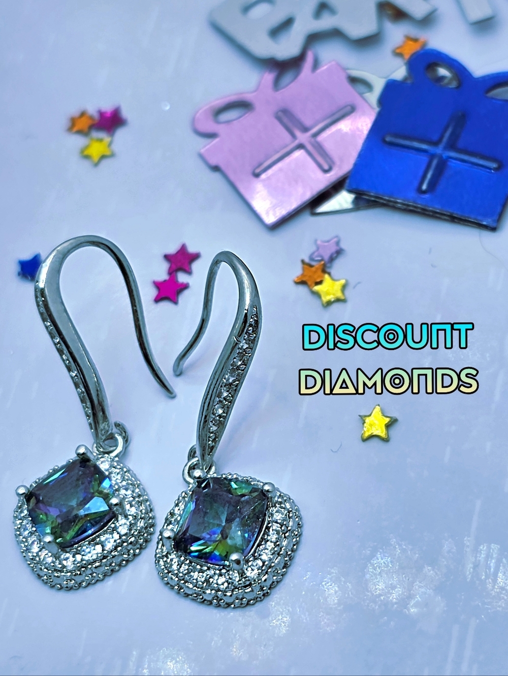 Natural Mystic Topaz & Clear White Natural Zircon Earrings 18K White Gold 925